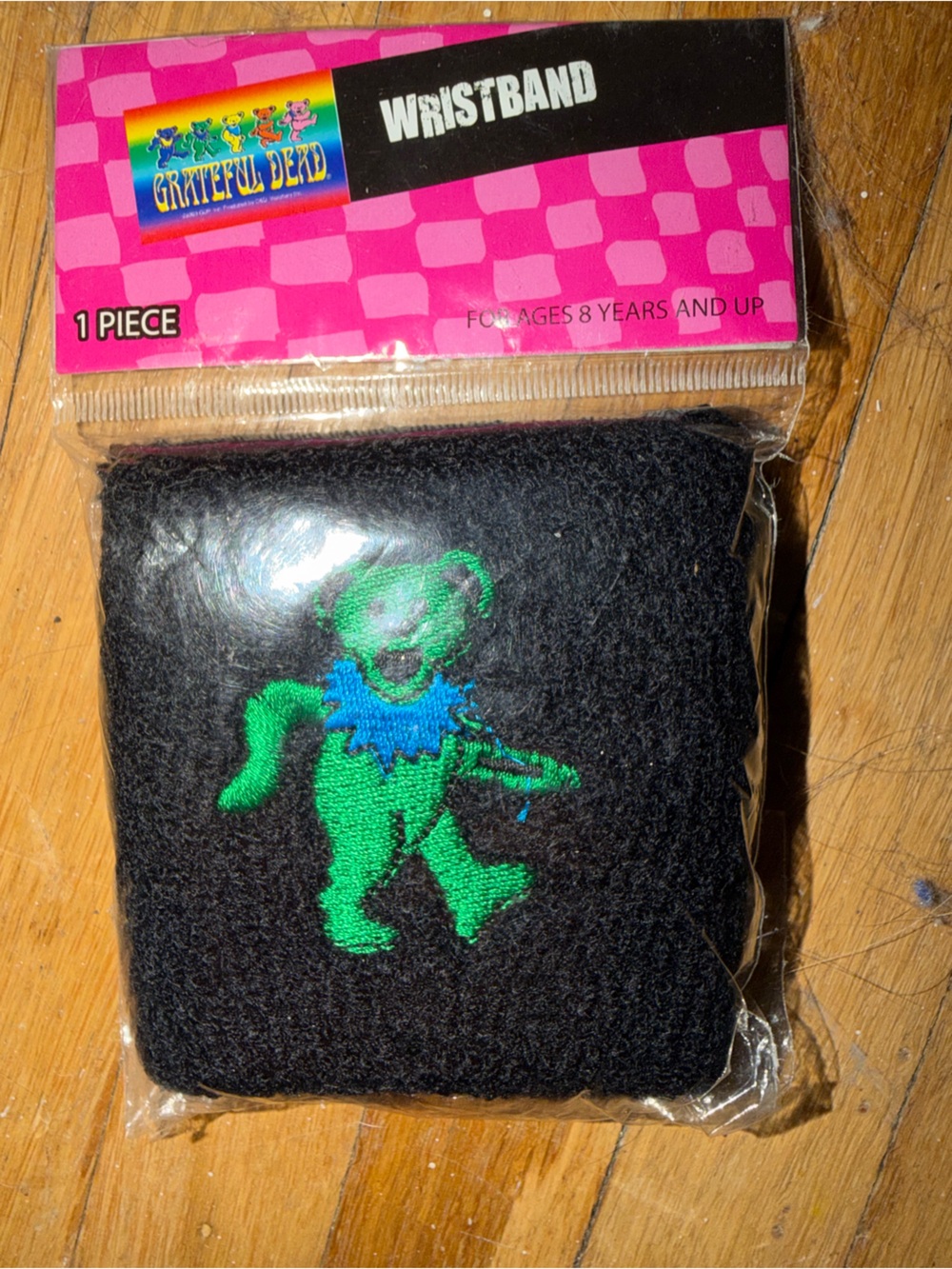 Vintage Black Wristband with Green and Blue Dancing Bear Embroidery